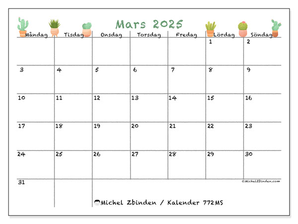 Kalender mars 2025 “772”. Gratis karta som kan skrivas ut.. Måndag till söndag