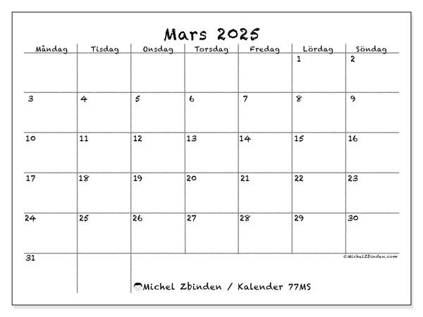 Kalender mars 2025 “77”. Gratis karta som kan skrivas ut.. Måndag till söndag