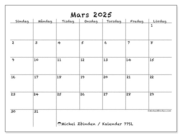 Kalender mars 2025 “77”. Gratis kalender som kan skrivas ut.. Söndag till lördag
