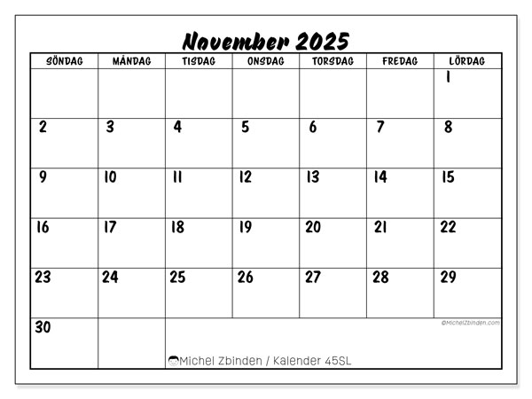 Kalender att skriva ut, november 2025, 45SL