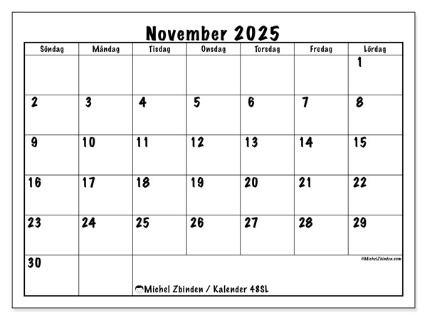 Kalender att skriva ut, november 2025, 48SL