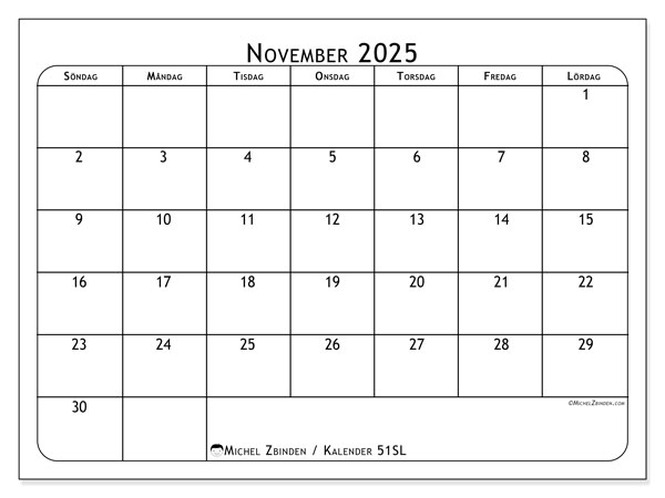 Kalender att skriva ut, november 2025, 51SL