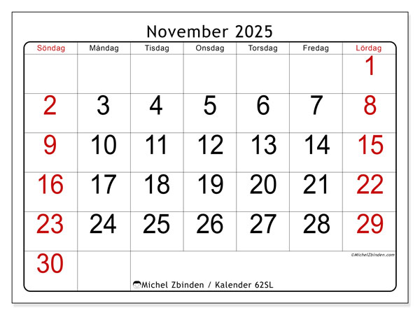Kalender att skriva ut, november 2025, 62SL