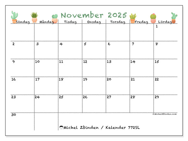 Kalender att skriva ut, november 2025, 772SL