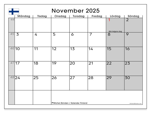 Kalender for utskrift, november 2025, Finland (SV)