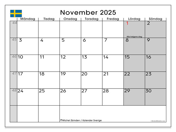 Kalender om af te drukken, november 2025, Zweden