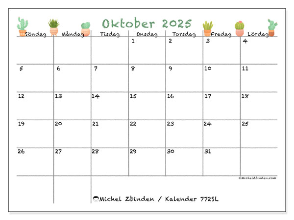 Kalender att skriva ut, oktober 2025, 772SL