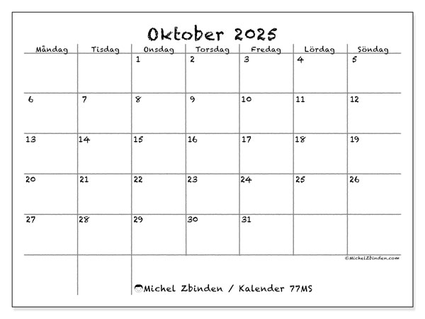 Kalender att skriva ut, oktober 2025, 77MS