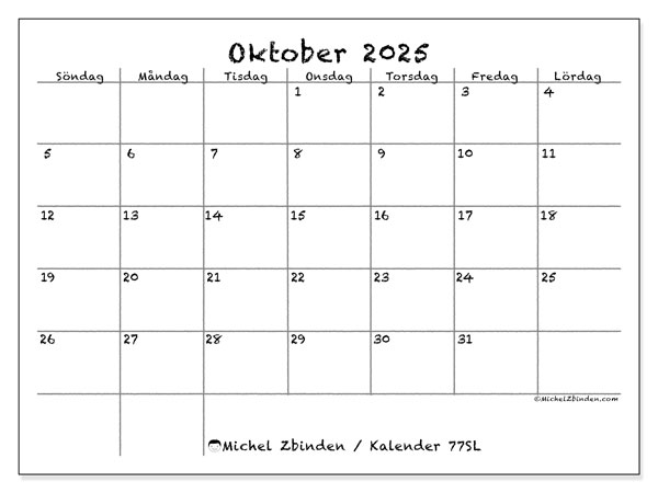 Kalender att skriva ut, oktober 2025, 77SL