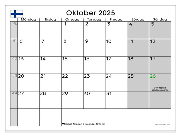 Kalender zum Ausdrucken, Oktober 2025, Finnland (SV)