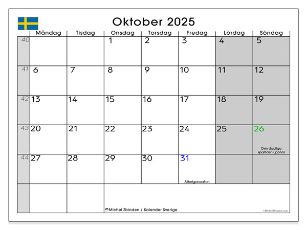 Calendario da stampare, ottobre 2025, Svezia