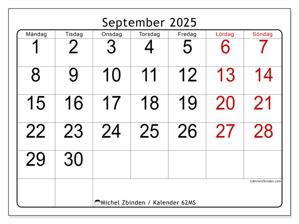 Kalender att skriva ut, september 2025, 62MS