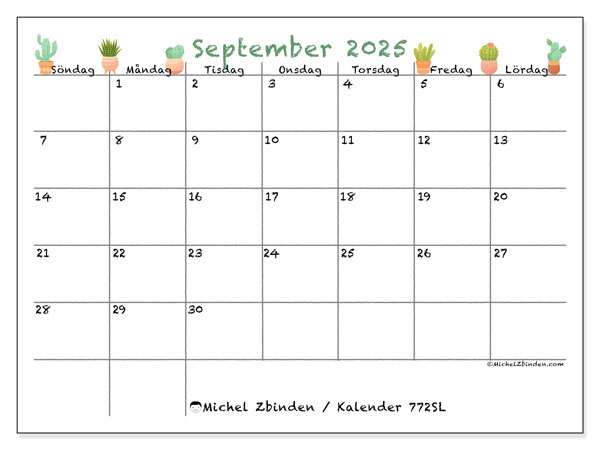 Kalender att skriva ut, september 2025, 772SL
