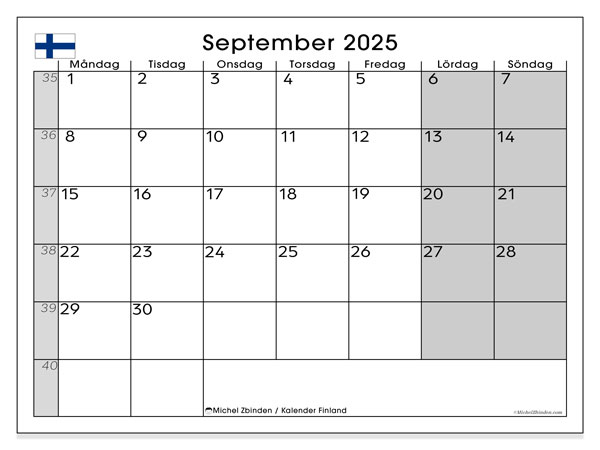 Kalender zum Ausdrucken, September 2025, Finnland (SV)