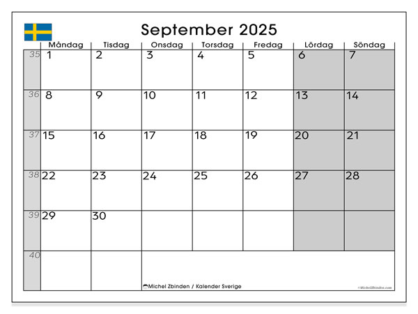 Kalender for utskrift, september 2025, Sverige