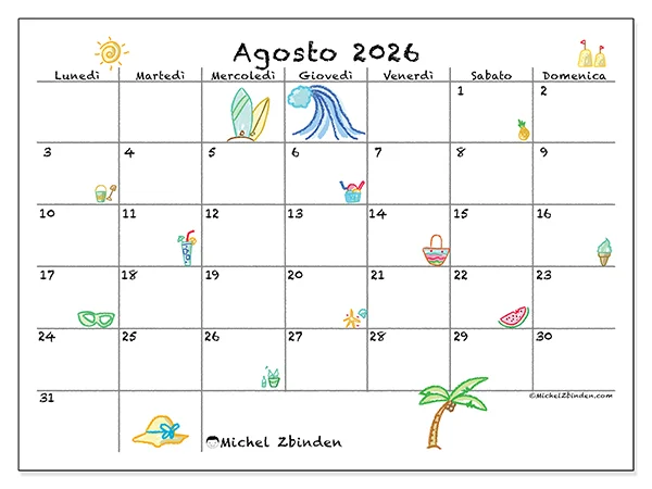 Calendario agosto 2026 da stampare - Vacanze al sole