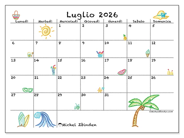 Calendario luglio 2026 da stampare - Vacanze al sole
