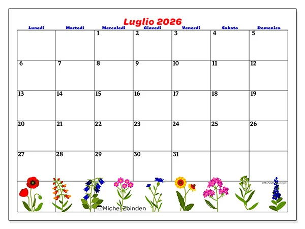 Calendario luglio 2026 da stampare - Fiori di luglio