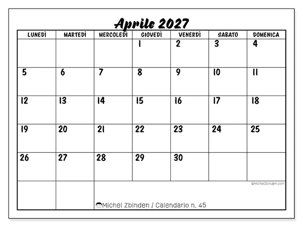 Calendario aprile 2027 da stampare - Successo scolastico