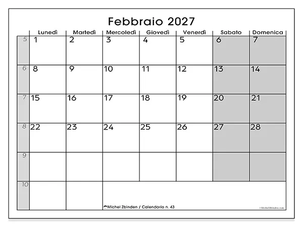 Calendario febbraio 2027 da stampare - Organizzazione perfetta