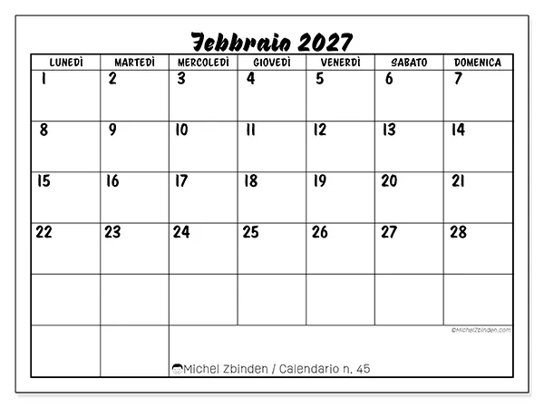 Calendario febbraio 2027 da stampare - Successo scolastico