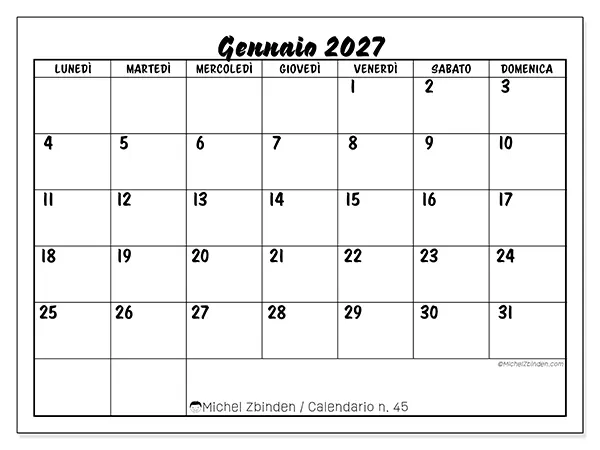 Calendario gennaio 2027 da stampare - Successo scolastico