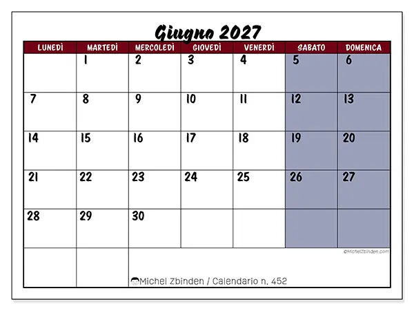 Calendario giugno 2027 da stampare - Produttività a colori