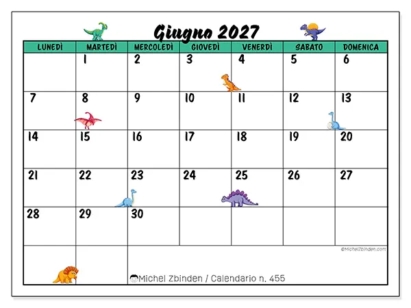 Calendario giugno 2027 da stampare - Piccoli dinosauri