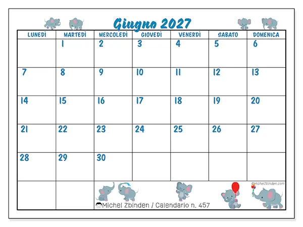 Calendario giugno 2027 da stampare - Piccoli elefanti