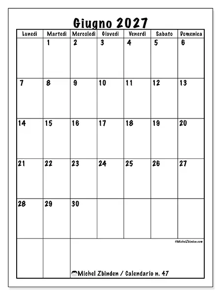 Calendario giugno 2027 da stampare - Pianificazione efficiente
