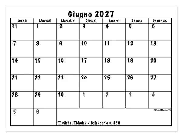 Calendario giugno 2027 da stampare - Pianificazione completa
