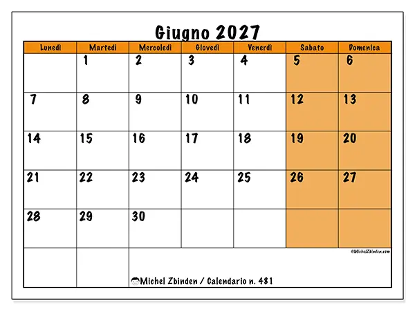 Calendario giugno 2027 da stampare - Pianificazione dinamica