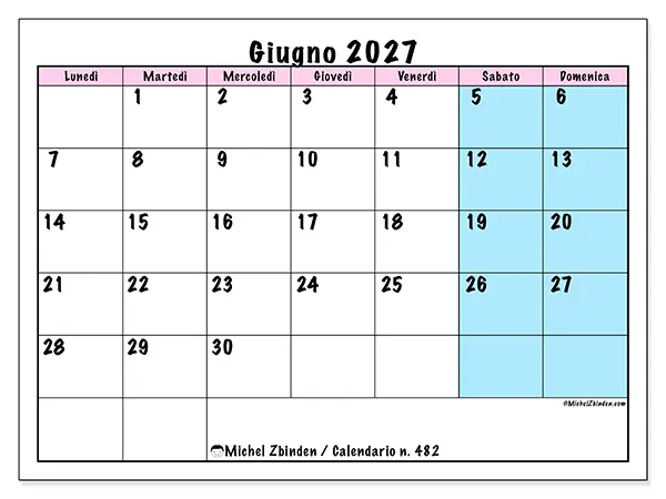 Calendario giugno 2027 da stampare - Orario di squadra