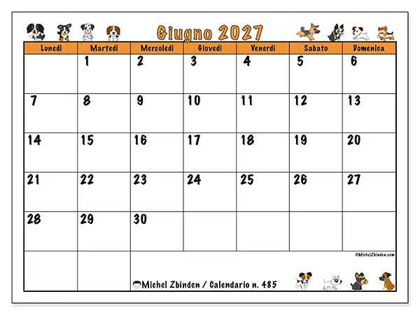 Calendario giugno 2027 da stampare - Cani entusiasti