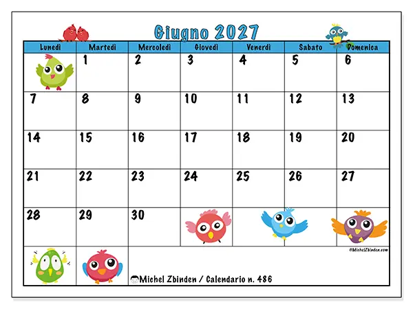 Calendario giugno 2027 da stampare - Uccelli divertenti