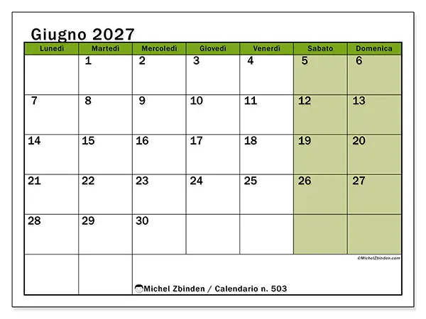 Calendario giugno 2027 da stampare - Organizzazione vivace