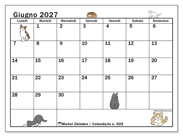 Calendario giugno 2027 da stampare - Vita di gatto
