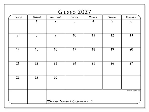 Calendario giugno 2027 da stampare - Pianificatore dei pasti