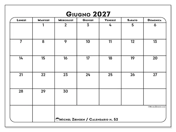Calendario giugno 2027 da stampare - Organizzazione professionale