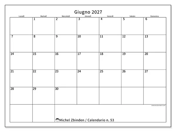 Calendario giugno 2027 da stampare - Orario efficiente