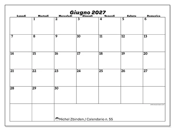 Calendario giugno 2027 da stampare - Organizzazione del tempo libero