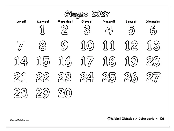 Calendario giugno 2027 da stampare - Colorare utile