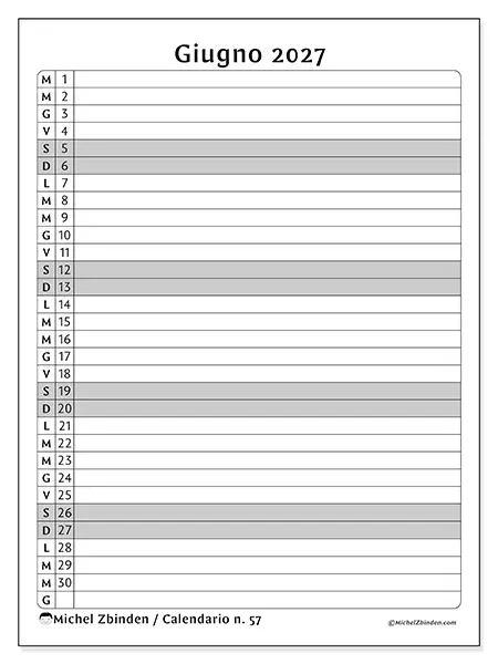 Calendario giugno 2027 da stampare - Lista delle attività