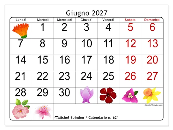 Calendario giugno 2027 da stampare - Grandi fiori