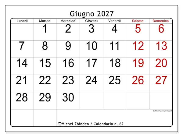 Calendario giugno 2027 da stampare - Lettura rapida