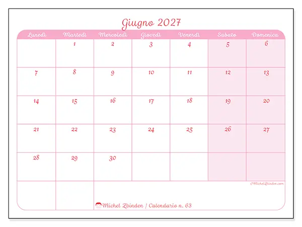 Calendario giugno 2027 da stampare - Organizzazione delicata
