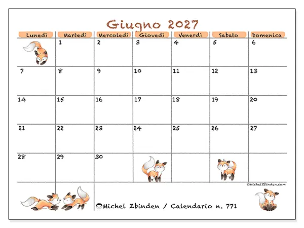 Calendario giugno 2027 da stampare - Disegni di volpi