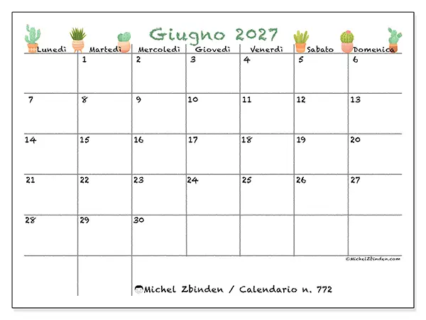 Calendario giugno 2027 da stampare - Cactus decorativi