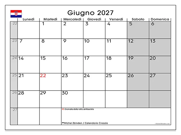 Calendario giugno 2027 da stampare - Croazia