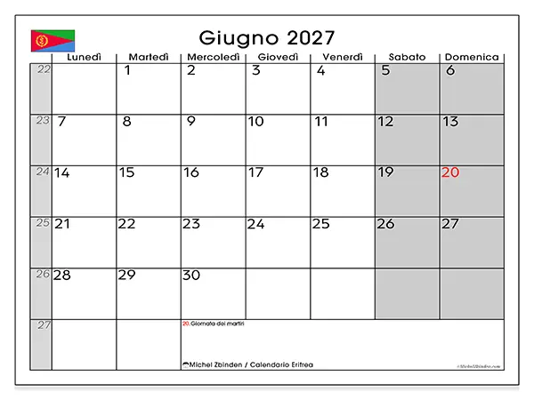 Calendario giugno 2027 da stampare - Eritrea